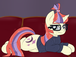 Size: 1600x1200 | Tagged: safe, artist:pavlovzdawg, moondancer, pony, unicorn, g4, clothes, couch, female, frown, glasses, looking at you, mare, solo, sweater, unamused