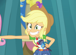 Size: 1488x1079 | Tagged: safe, screencap, applejack, fluttershy, best in show: the pre-show, equestria girls, g4, my little pony equestria girls: better together, applejack's hat, cowboy hat, cropped, female, geode of super strength, hat, magical geodes, microphone, smiling