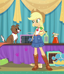 Size: 936x1079 | Tagged: safe, screencap, applejack, winona, dog, best in show: the pre-show, equestria girls, g4, my little pony equestria girls: better together, cage, collar, cropped, microphone, pet tag, tongue out