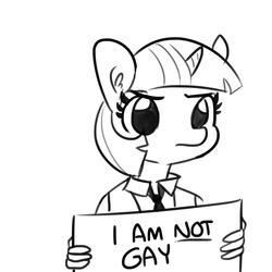 Size: 1650x1650 | Tagged: safe, artist:tjpones, twilight sparkle, anthro, g4, denial, ear fluff, explicit source, female, frown, glare, lesbian, looking at you, mare, necktie, not lesbian, sign, simple background, solo, suspiciously specific denial, unamused, white background