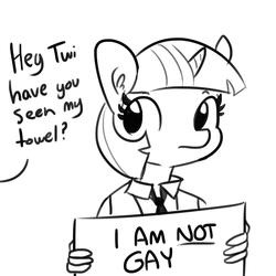 Size: 1650x1650 | Tagged: safe, artist:tjpones, twilight sparkle, anthro, g4, aside glance, denial, dialogue, ear fluff, explicit source, female, frown, implied starlight glimmer, lesbian, looking at you, mare, necktie, not gay, sign, simple background, solo focus, suspiciously specific denial, text, white background