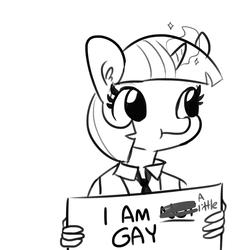 Size: 1650x1650 | Tagged: safe, artist:tjpones, twilight sparkle, anthro, g4, :t, aside glance, dialogue, explicit source, female, glowing horn, horn, implied bisexual, implied gay, lesbian, looking away, magic, monochrome, sign, simple background, solo, telekinesis, truth, white background