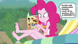 Size: 1280x720 | Tagged: safe, edit, edited screencap, screencap, feather bangs, pinkie pie, equestria girls, friendship math, g4, my little pony equestria girls: better together, barefoot, beach, beach chair, chair, clothes, cute, diapinkes, excited, feet, female, happy, legs, magazine, one-piece swimsuit, pinkie pie swimsuit, soles, solo, speech bubble, swimsuit, text, toes