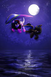 Size: 3000x4500 | Tagged: safe, artist:fiyawerks, oc, oc:blink, oc:kaylani, bat pony, original species, pony, shark pony, bat pony oc, commission, cute, flying, full moon, moon, moonlight, night, ocean, paraglider, romantic, sky, water