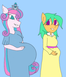 Size: 888x1043 | Tagged: safe, alternate version, artist:mintymelody, princess flurry heart, oc, oc:honey drops, hybrid, anthro, g4, adult, clothes, dress, duo, duo female, female, interspecies offspring, multiple pregnancy, offspring, older, older flurry heart, parent:discord, parent:fluttershy, parents:discoshy, pregnant