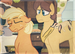 Size: 652x466 | Tagged: safe, artist:a-chatty-cathy, applejack, caramel, oc, oc:ginger gold, earth pony, pony, g4, female, filly, male, offspring, parent:applejack, parent:caramel, parents:carajack, ship:carajack, shipping, story included, straight