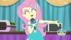 Size: 1920x1080 | Tagged: safe, screencap, fluttershy, best in show: the pre-show, equestria girls, g4, my little pony equestria girls: better together, eyes closed, eyeshadow, female, geode of fauna, magical geodes, makeup, microphone