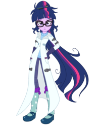 Size: 1600x2000 | Tagged: dead source, safe, artist:wubcakeva, sci-twi, twilight sparkle, comic:twilight's lab, equestria girls, g4, adult, alternate universe, clothes, comic, female, lab coat, lipstick, looking at you, older, older sci-twi, older twilight, pants, simple background, solo, transparent background