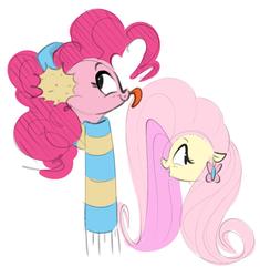 Size: 1088x1156 | Tagged: safe, artist:hattsy, fluttershy, pinkie pie, earth pony, pegasus, pony, g4, clothes, earmuffs, female, licking, mare, open mouth, scarf, simple background, tongue out, white background