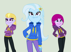 Size: 1752x1284 | Tagged: safe, artist:themexicanpunisher, fuchsia blush, lavender lace, trixie, equestria girls, g4, my little pony equestria girls: rainbow rocks, background human, base used, clothes swap, female, role reversal, simple background, trixie and the illusions