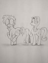 Size: 3120x4160 | Tagged: safe, artist:rocket-lawnchair, artist:sonicontinuum, starlight glimmer, sunburst, pony, unicorn, g4, blushing, cape, clothes, duo, female, glasses, male, mare, monochrome, nudity, pencil drawing, robe, stallion, sunburst's cloak, traditional art, wardrobe malfunction, we don't normally wear clothes