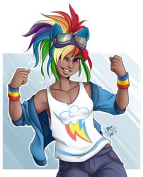 Size: 1824x2256 | Tagged: safe, artist:ponut_joe, kotobukiya, rainbow dash, human, g4, alternate hairstyle, bishoujo, breasts, clothes, cutie mark on clothes, dark skin, delicious flat chest, female, flexing, goggles, humanized, jacket, kotobukiya rainbow dash, looking at you, one eye closed, simple background, smiling, tank top, wink, wristband