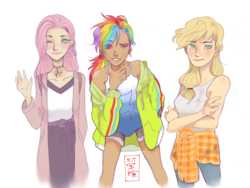 Size: 2048x1536 | Tagged: safe, artist:show-a-bit-of-teeth, applejack, fluttershy, rainbow dash, human, g4, clothes, crossed arms, dress, ear piercing, earring, female, group shot, humanized, jacket, jeans, jewelry, leaning forward, looking at you, one eye closed, pants, piercing, simple background, smiling, tank top, trio, trio female, waving, white background, wink