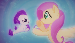 Size: 1161x671 | Tagged: safe, screencap, fluttershy, sea poppy, pegasus, pony, seapony (g4), g4, my little pony: the movie, animated, baby, baby seapony (g4), bubble, clothes, cropped, cute, duo, eye contact, female, fin wings, fins, fish tail, flowing mane, flowing tail, foal, hnnng, hoofbump, hooves, looking at each other, looking at someone, mare, ocean, one small thing, open mouth, pattycakes, photo, picture of a screen, profile, purple eyes, seaponified, seapony fluttershy, seaquestria, see-through, shyabetes, smiling, smiling at each other, species swap, spread wings, tadfoal, tail, teeth, underwater, water, weapons-grade cute, wings