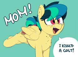 Size: 1852x1361 | Tagged: safe, artist:shinodage, oc, oc only, oc:apogee, pegasus, pony, adorkable, blue background, body freckles, bucking, butt freckles, chest fluff, chest freckles, cute, diageetes, dialogue, dork, ear freckles, excited, eye clipping through hair, female, filly, freckles, happy, implied kissing, implied straight, meme origin, mom! meme, ocbetes, open mouth, proud, raised leg, simple background, smiling, solo, speech bubble, tail wrap, teenager, text