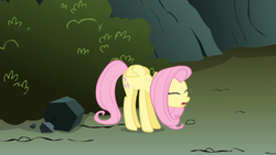 Size: 1920x1080 | Tagged: safe, screencap, fluttershy, pegasus, pony, dragonshy, g4, backbend, context is for the weak, eyes closed, female, mare, solo, stretching