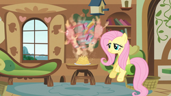 Size: 1920x1080 | Tagged: safe, screencap, fluttershy, philomena, phoenix, pony, a bird in the hoof, g4, adorable face, confident, cute, duo, eating, female, fluttershy's cottage, hungry, mare, sitting, smiling, smirk