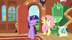 Size: 1920x1080 | Tagged: safe, screencap, fluttershy, twilight sparkle, pony, a bird in the hoof, g4, cute, duo, fluttershy's cottage, startled, surprised