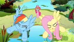 Size: 1920x1080 | Tagged: safe, screencap, fluttershy, pinkie pie, rainbow dash, pony, g4, party of one, eyes closed, flying