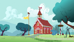 Size: 1920x1080 | Tagged: safe, screencap, g4, party of one, background, bell, bush, flag, flagpole, no pony, partly cloudy, ponyville schoolhouse, school, swing set, tree