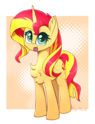 Size: 1284x1679 | Tagged: safe, artist:puetsua, sunset shimmer, pony, unicorn, g4, :p, abstract background, chest fluff, cute, female, looking at you, mare, shimmerbetes, signature, silly, solo, tongue out