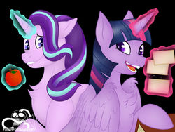 Size: 1280x960 | Tagged: safe, artist:princeoftheivess, starlight glimmer, twilight sparkle, alicorn, pony, unicorn, g4, apple, chest fluff, dark background, duo, food, glowing horn, horn, smiling, twilight sparkle (alicorn)