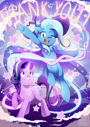 Size: 620x877 | Tagged: safe, artist:theunununium, starlight glimmer, trixie, pony, unicorn, g4, cape, clothes, duo, female, glowing horn, hat, horn, looking at you, magic, mare, one eye closed, smiling, thank you
