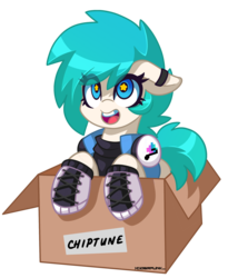Size: 1800x2200 | Tagged: safe, artist:ciderpunk, oc, oc:chiptune, pony, adorable face, box, clothes, cute, ear piercing, earring, headphones, jewelry, piercing, punk, shoes, sparkly eyes, starry eyes, wingding eyes