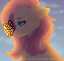 Size: 2048x1948 | Tagged: safe, artist:kittwen, fluttershy, butterfly, pegasus, pony, bust, butterfly on nose, cheek fluff, chest fluff, cute, ear fluff, female, insect on nose, lidded eyes, looking at something, mare, portrait, profile, shyabetes, solo