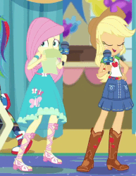 Size: 664x858 | Tagged: safe, screencap, applejack, fluttershy, best in show: the pre-show, equestria girls, equestria girls series, g4, spoiler:eqg series (season 2), animated, cropped, female, geode of super strength, magical geodes, microphone, offscreen character