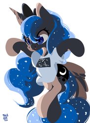 Size: 1208x1647 | Tagged: safe, artist:tohupo, princess luna, alicorn, pony, g4, clothes, cute, daaaaaaaaaaaw, female, lunabetes, mare, open mouth, shirt, simple background, smiling, solo, three quarter view, white background