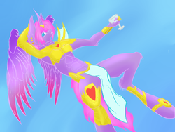 Size: 1993x1501 | Tagged: safe, artist:skygunner, oc, oc:magic meat, alicorn, anthro, alicorn oc, anthro oc, armor, armpits, colored wings, gradient wings, loincloth, lying down, male, simple background, wings