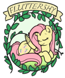 Size: 844x1000 | Tagged: safe, artist:nightmare fuel, fluttershy, pegasus, pony, g4, cute, eyes closed, female, folded wings, happy, mare, name, old banner, prone, sleeping, smiling, solo, vine