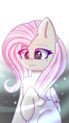 Size: 607x1080 | Tagged: safe, artist:melery-art, fluttershy, pegasus, pony, g4, cross-eyed, female, folded wings, looking at something, mare, raised hoof, sitting, solo, stray strand, three quarter view, wings