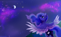Size: 6000x3600 | Tagged: safe, artist:isorrayi, princess luna, alicorn, pony, absurd resolution, beautiful, curved horn, female, horn, looking away, looking up, mare, moon, night, night sky, pretty, sky, smiling, spread wings, three quarter view, wings