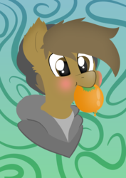 Size: 4960x7015 | Tagged: safe, artist:almond evergrow, derpibooru exclusive, oc, oc only, oc:almond evergrow, earth pony, pony, :t, abstract background, absurd resolution, blushing, bust, clothes, cute, ear fluff, food, hat, hoodie, male, mouth hold, nom, ocbetes, orange, portrait, puffy cheeks, shirt, simple background, smiling, solo, stallion