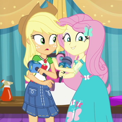 Size: 894x894 | Tagged: safe, screencap, applejack, fluttershy, best in show: the pre-show, equestria girls, g4, my little pony equestria girls: better together, applejack's hat, cowboy hat, cropped, female, geode of fauna, geode of super strength, hat, magical geodes