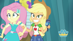 Size: 1920x1080 | Tagged: safe, screencap, applejack, fluttershy, best in show: the pre-show, equestria girls, g4, my little pony equestria girls: better together, applejack's hat, belt, best in show logo, clothes, collar, collar shirt, cowboy hat, cute, cutie mark, cutie mark on clothes, denim skirt, female, geode of fauna, geode of super strength, grin, hairpin, hat, jewelry, magical geodes, microphone, necklace, shirt, shirt with a collar, shyabetes, skirt, smiling, smirk, t-shirt, teenager