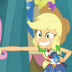 Size: 1078x1079 | Tagged: safe, screencap, applejack, fluttershy, best in show: the pre-show, equestria girls, equestria girls series, g4, spoiler:eqg series (season 2), cropped, female, geode of super strength, magical geodes, microphone, offscreen character