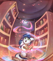 Size: 3010x3502 | Tagged: safe, artist:mirroredsea, oc, oc only, oc:muffinkarton, butterfly, pony, unicorn, g4, book, bookshelf, cute, female, glowing horn, high res, horn, magic, mare, ocbetes, smiling, solo