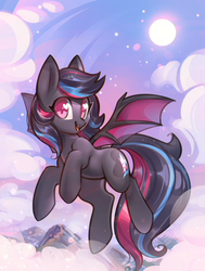 Size: 2654x3502 | Tagged: safe, artist:mirroredsea, oc, oc only, oc:neon darksky, bat pony, pony, bat pony oc, cloud, commission, cute, fangs, female, flying, heart eyes, high res, looking at you, mare, moon, mountain, ocbetes, open mouth, smiling, solo, wingding eyes