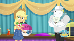 Size: 1920x1080 | Tagged: safe, screencap, applejack, bulk biceps, wooyoo, dog, best in show: the pre-show, equestria girls, g4, my little pony equestria girls: better together, applejack's hat, baseball cap, belt, cap, clothes, cowboy hat, denim skirt, female, freckles, geode of super strength, hat, kiss on the head, kissing, magical geodes, male, microphone, skirt, stetson