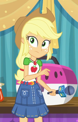 Size: 600x937 | Tagged: safe, screencap, applejack, best in show: the pre-show, equestria girls, g4, my little pony equestria girls: better together, applejack's hat, belt, clothes, cowboy hat, denim skirt, female, freckles, geode of super strength, hat, magical geodes, microphone, skirt, stetson