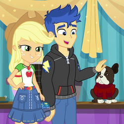Size: 1077x1077 | Tagged: safe, screencap, applejack, banana (g4), flash sentry, dog, best in show: the pre-show, equestria girls, g4, my little pony equestria girls: better together, boston terrier, clothes, cropped, denim skirt, geode of super strength, magical geodes, microphone, petting, skirt