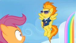 Size: 1920x1080 | Tagged: safe, screencap, scootaloo, spitfire, pegasus, pony, g4, the washouts (episode), clothes, duo, female, filly, foal, hooves on hips, mare, necktie, rainbow waterfall, spitfire's tie, sunglasses, uniform, whistle, wonderbolts dress uniform
