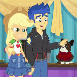 Size: 800x800 | Tagged: safe, screencap, applejack, banana (g4), flash sentry, dog, best in show: the pre-show, equestria girls, equestria girls series, g4, spoiler:eqg series (season 2), animated, applejack's hat, boston terrier, clothes, cowboy hat, cropped, cute, denim skirt, diasentres, female, geode of super strength, gif, hat, magical geodes, male, petting, skirt