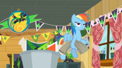 Size: 1920x1080 | Tagged: safe, screencap, rainbow dash, pony, g4, the washouts (episode), clubhouse, crusaders clubhouse, female, lidded eyes, mare, paper, solo