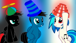 Size: 3840x2160 | Tagged: safe, artist:agkandphotomaker2000, dj pon-3, vinyl scratch, oc, oc:arnold the pony, oc:pony video maker, pegasus, pony, unicorn, g4, abstract background, bipedal, canon x oc, devo, energy dome, female, hat, high res, hooves on hips, male, propeller hat, red and black oc, silly hat, top hat, trio, unamused, videoscratch