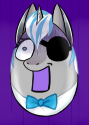 Size: 583x813 | Tagged: safe, artist:tomgord, oc, oc only, oc:sekr gray, pony, bowtie, dragon city, egg, egg pony, egghead, eyepatch, purple background, scared, simple background, solo, where is your god now?, why, ych result