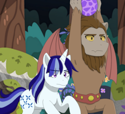 Size: 1105x1010 | Tagged: safe, artist:fantasygerard2000, majesty, scorpan, gargoyle, pony, unicorn, g1, g4, armpits, cutie mark, duo, egg, female, forest, g1 to g4, generation leap, headcanon, horn, mare, queen majesty, running, scorpan is spike's daddy, spike's egg, wings